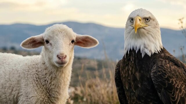 White Lamb and Bald Eagle Standing Together in Biblical Christian Symbolism Representing Jesus Christ Sacrifice Divine Protection Faith Salvation Strength Hope and Sacred Spiritual Freedom Redemption 