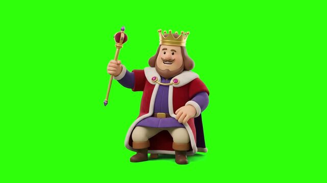 A 3D animated cartoon character of a cheerful king wearing a golden crown, royal mantle cape, and holding a golden scepter, set against a bright chroma key green screen backdrop. Perfect for fairy tal