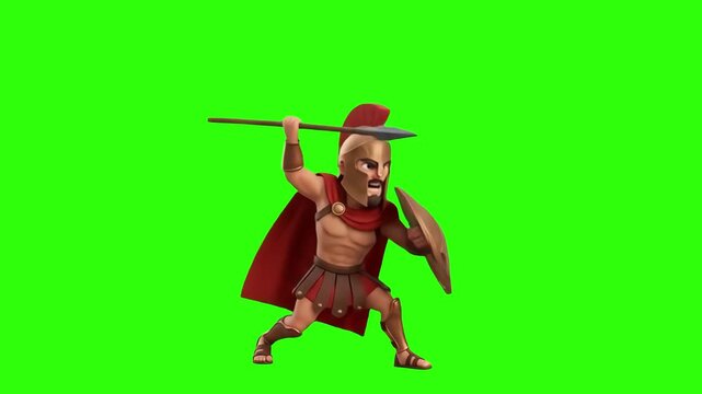 A 3D animated cartoon character of a brave Spartan gladiator warrior wearing a crested helmet and red cape, aiming to throw a spear while holding a shield, set against a bright chroma key green screen