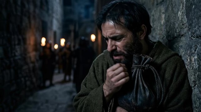 Judas Iscariot Clutches a Money Bag in Darkness After Betraying Jesus Christ Symbolizing Remorse Guilt Greed Treachery Despair Sin Repentance and Tragic Holy Week Consequences Biblical Story