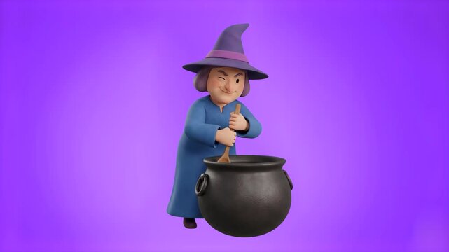 A 3D animated cartoon character of a witch wearing a purple pointy hat and blue robe, stirring a bubbling magic potion inside a black cauldron, isolated against a purple studio backdrop. Ideal for fan