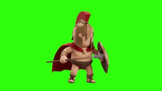 A 3D animated cartoon character of a brave Spartan gladiator warrior wearing a crested helmet, red cape, holding a spear and shield in a fighting stance, set against a bright chroma key green screen b