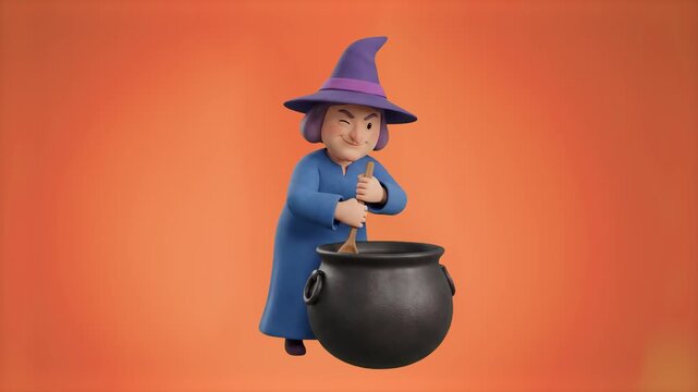 A 3D animated cartoon character of a witch wearing a purple pointy hat and blue robe, stirring a bubbling magic potion inside a black cauldron, isolated against a warm studio backdrop. Perfect for Hal