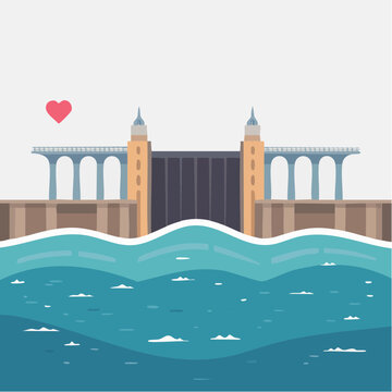 A flat vector illustration depicts a dam structure with flowing water in a minimalist.