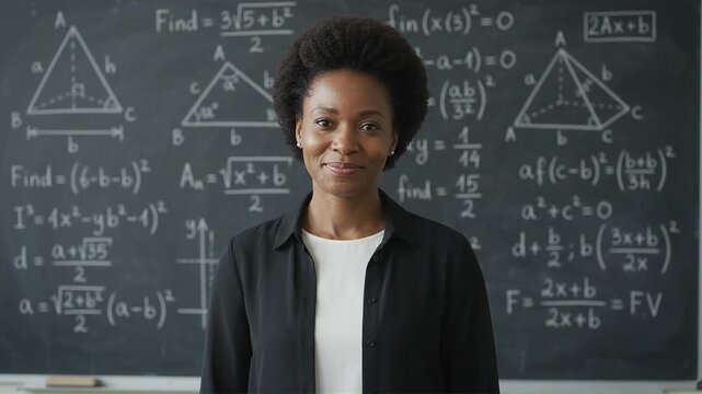 Smiling Black female teacher standing in front of a chalkboard with math formulas