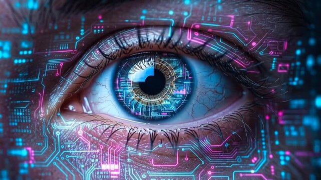 Futuristic cybernetic human eye with glowing digital circuits and high tech interface patterns