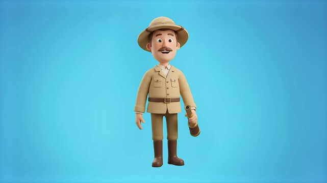 A charming 3D animated safari guide or jungle explorer character in a pith helmet and khaki uniform on a solid blue studio backdrop. Excellent for mobile gaming, adventure story visualizers, zoo promo