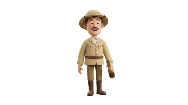 A 3D animated safari explorer or archaeologist character wearing a pith helmet and tan uniform, holding a torch on a clean white background. Great for adventure games, jungle safari promos, travel ani