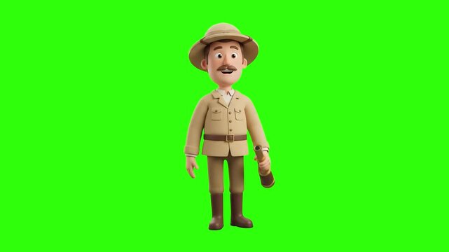 3D stylized safari explorer character in a cork pith helmet and khaki uniform holding a telescope or torch isolated on a studio chroma key green background. Excellent for jungle adventure games, wildl