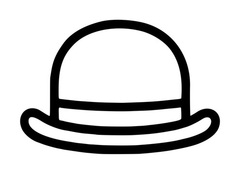 Classic black bowler hat vector icon, hand-drawn line illustration with bold curved brim and rounded dome crown, minimalist monochrome outline design, vintage gentleman headwear silhouette for