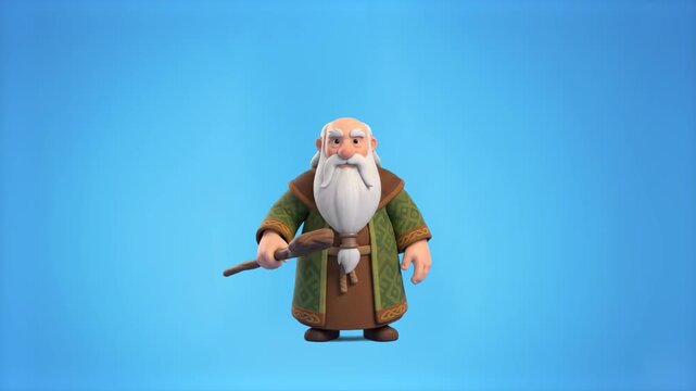 A 3D animated wise druid or old wizard character with a long white beard and green robe, holding a wooden walking staff on a blue background. Perfect for fantasy RPG games, magic visuals, fairytale an