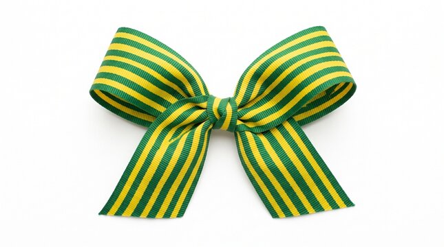 Green and yellow striped ribbon bow isolated on white background