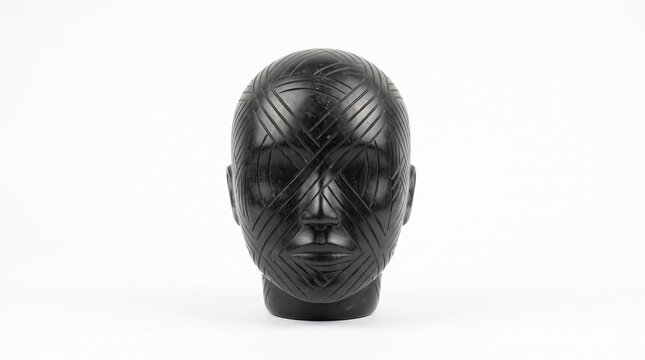 Abstract Black Head Sculpture with Geometric Pattern