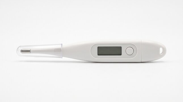 Digital thermometer with protective cap on white background