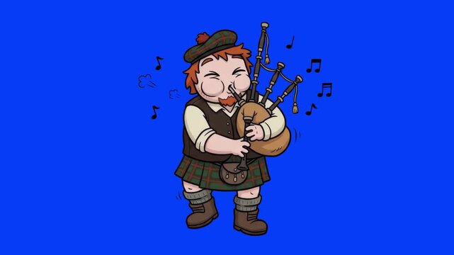 A 2D animated Scottish man character wearing a traditional kilt and beret, playing bagpipes with musical notes floating around on a solid blue background. Perfect for cultural animations, travel video