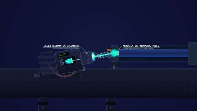 Total internal reflection animation showing laser pulse traveling through fiber optic cable core with fluorosilicate cladding and arriving at photodiode sensor for data transmission