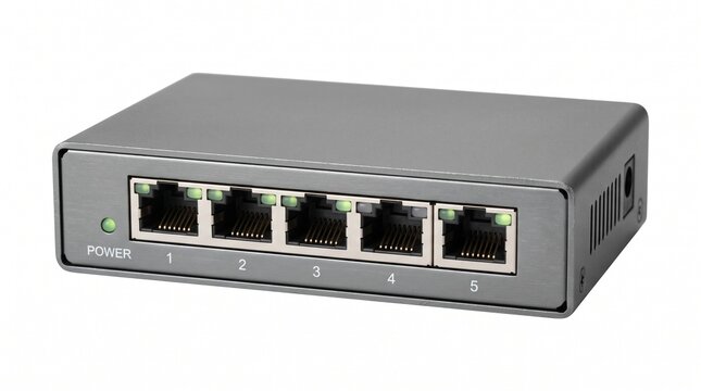 Small Gray 5 Port Ethernet Network Switch with LED Indicators and Power Button