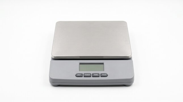 Modern digital kitchen scale with stainless steel platform and LCD display on white background