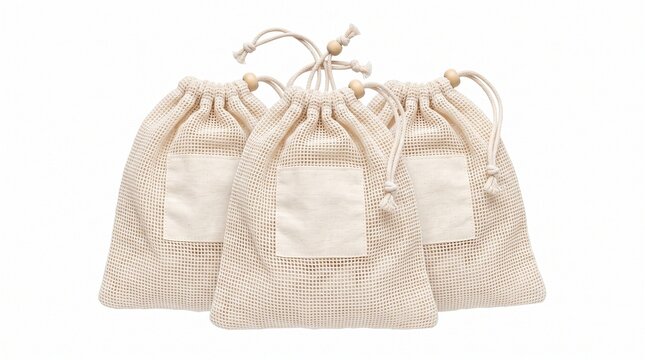 Three reusable mesh produce bags with drawstring and wooden beads on white background