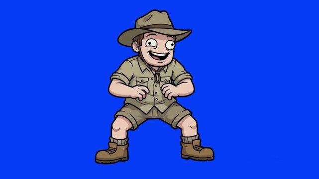 Funny 2D animated safari explorer character wearing a pith helmet and khaki uniform crouching and sneaking isolated on a studio chroma key blue screen background. Perfect for jungle adventure promos, 