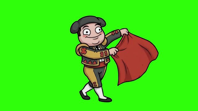 A 2D animated Spanish matador or bullfighter character wearing a traditional suit of lights, waving a red cape (muleta) on a chroma key green screen. Excellent for Spain travel videos, bullfighting th