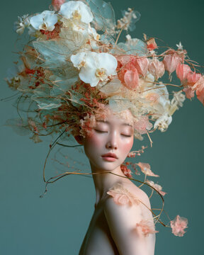 Ethereal beauty portrait with an elaborate orchid and translucent botanical headdress in soft coral and ivory tones against a muted teal setting.