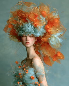 Surreal fashion portrait featuring a dramatic orange and blue botanical headdress with translucent seed pods, flowers and delicate tangled fibres.