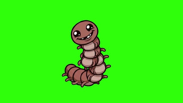 A 2D animated brown centipede or caterpillar character with a happy face moving against a chroma key green background. Perfect for kids educational shows, biology cartoons, insect explainer videos, an