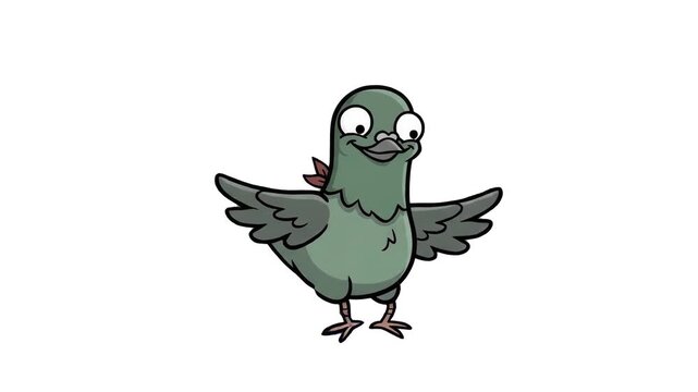 A funny 2D animated pigeon mascot with wide expressive eyes, spreading its gray wings on a clean white background. Perfect for cartoon promo videos, comic illustrations, animated storyboards, mobile g