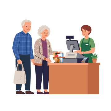Senior couple checking out at a cash register in a store with a cashier present