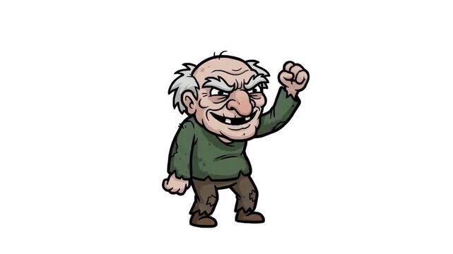 A funny 2D animated old man mascot with a grumpy expression, wearing a green sweater and shaking his fist angrily on a clean white background. Perfect for cartoon promo videos, comic illustrations, an