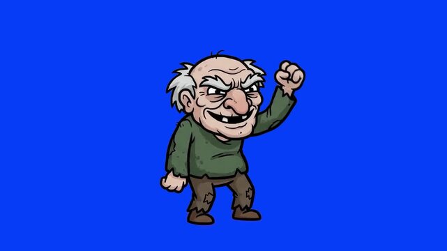 A 2D animated grumpy old man character with gray hair and a big nose, threateningly shaking his fist on a solid blue studio backdrop. Ideal for comedy animations, villain characters, cartoon clips, vi