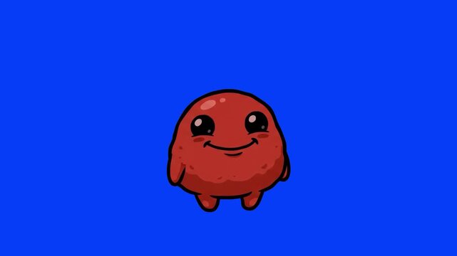 A 2D animated cartoon character of a round, smiling red blob creature with big eyes, isolated against a solid blue studio backdrop. Ideal for casual mobile game assets, kids educational videos, friend