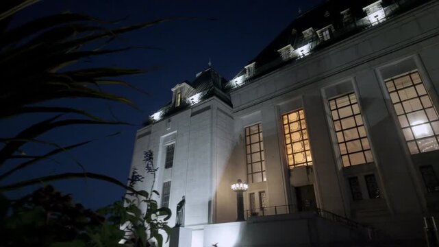 Ottawa, Ontario, Canada - September 18, 2026: Supreme Court of Canada building facade illuminated at night.