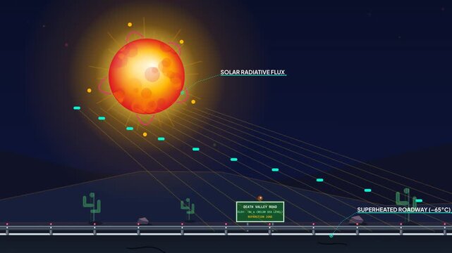 Educational physics animation explaining the inferior mirage phenomenon with light continuous refraction through hot and cold air density gradients above a superheated roadway