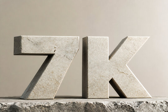 Two stone letters, "7K," are displayed on a rough surface against a plain background.