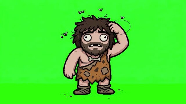A funny 2D animated caveman character wearing a leopard skin tunic, standing confused with flies buzzing around his head on a chroma key green background. Excellent for prehistoric animations, comedy 