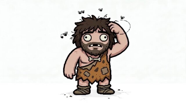 A 2D animated cartoon character of a prehistoric caveman wearing a leopard skin tunic scratching his head with flies around, isolated against a solid white studio backdrop. Ideal for history education