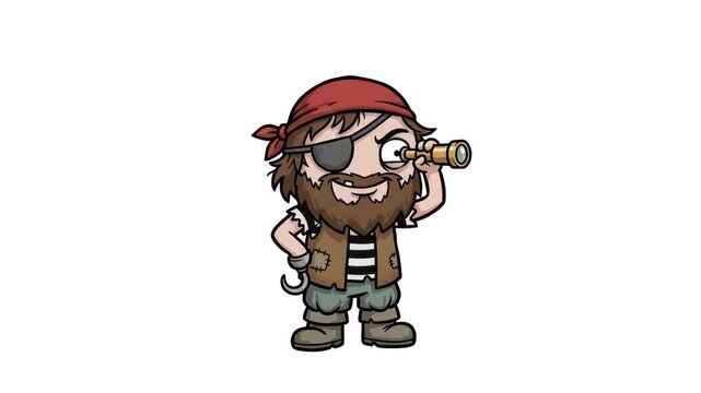 A 2D animated cartoon character of a pirate captain with a bandana, eye patch, hook hand, and spyglass telescope, isolated against a solid white studio backdrop. Great for pirate-themed mobile games, 