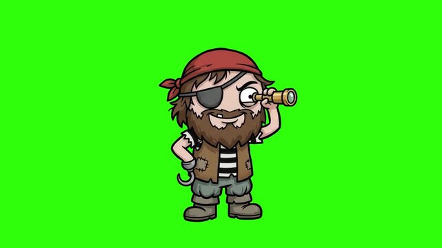 A 2D animated pirate character with a bandana, eye patch, and hook hand, looking through a brass spyglass on a chroma key green screen background. Ideal for sea adventure animations, gaming graphics, 