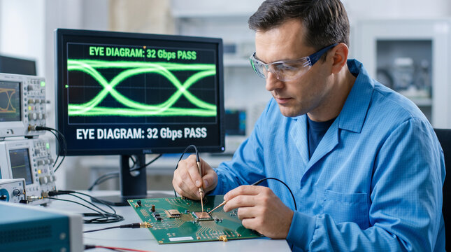 Signal Integrity Engineer Testing UCIe Chiplet Interconnect Eye Diagram