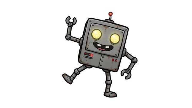 A happy 2D animated square retro metal robot character with glowing eyes dancing on a clean white background. Perfect for tech promo videos, AI projects, mobile game assets, software tutorials, and ch