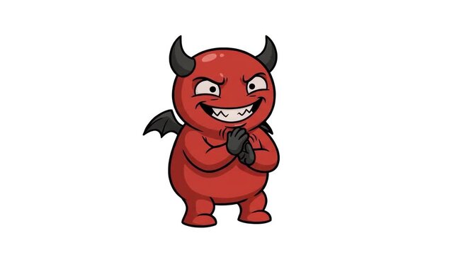 A 2D cartoon red devil monster with black horns and wings rubbing hands together mischievously isolated on a white background. Excellent for Halloween graphic design, comic stickers, game character ic