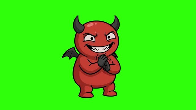 A 2D cartoon red devil imp with horns and wings rubbing hands together cunningly on a chroma key green background. Perfect for Halloween animations, game enemy characters, mischievous reactions, comic