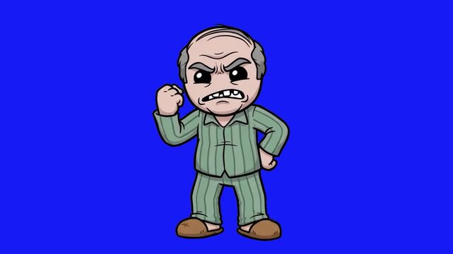 A 2D animated cartoon character of a balding, angry old man wearing striped pajamas shaking his fist in rage, isolated against a solid blue studio backdrop. Perfect for comedy skits, grumpy neighbor t