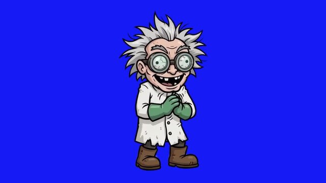 A 2D animated cartoon character of a crazy mad scientist with wild grey hair, goggles, and a lab coat rubbing his hands, isolated against a solid blue studio backdrop. Ideal for science educational co