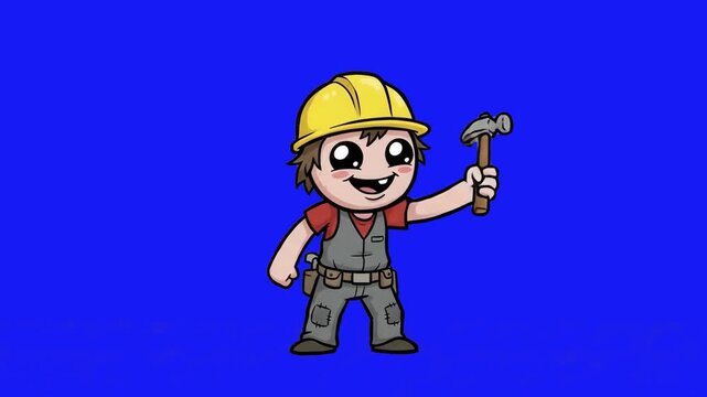 A 2D animated cartoon character of a young builder wearing a yellow hardhat and holding up a hammer, isolated against a solid blue studio backdrop. Great for construction promo videos, home renovation