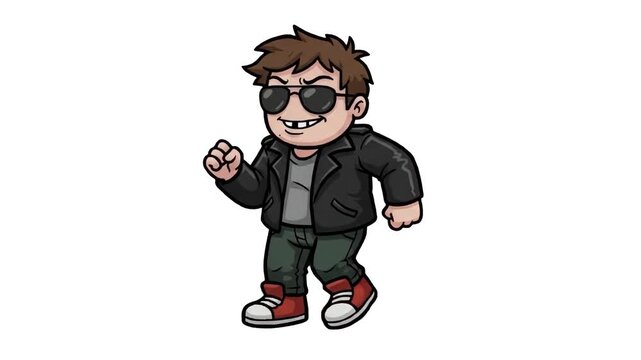 A 2D animated cartoon character of a tough rocker guy in a black leather jacket and sunglasses standing in a confident pose, isolated against a solid white studio backdrop. Designed for music channel 
