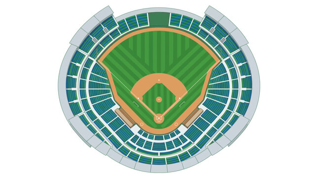 Professional baseball stadium aerial view vector graphic featuring a green grass field, brown dirt infield diamond, pitcher's mound, home plate, and blue tiered seating grandstands for sport events.