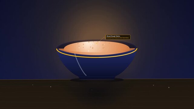 Educational animation of gluten fermentation in bread dough, featuring the biological process of Saccharomyces cerevisiae yeast cells metabolizing glucose into carbon dioxide through glycolysis